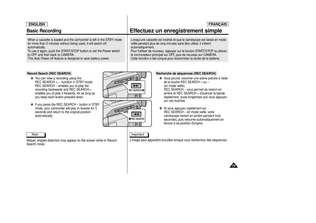 Samsung AD68-00516C, SCD 86 manual Record Search REC Search, Recherche de séquences REC Search 