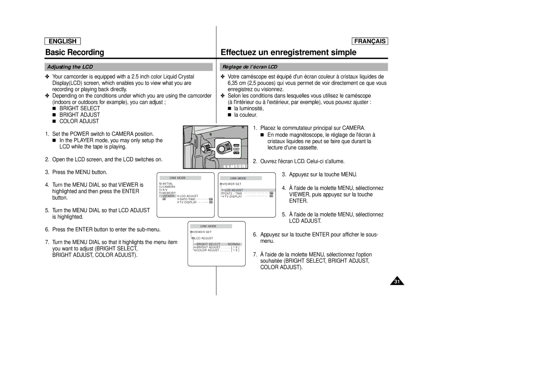 Samsung AD68-00516C, SCD 86 manual Adjusting the LCD, Réglage de lécran LCD 