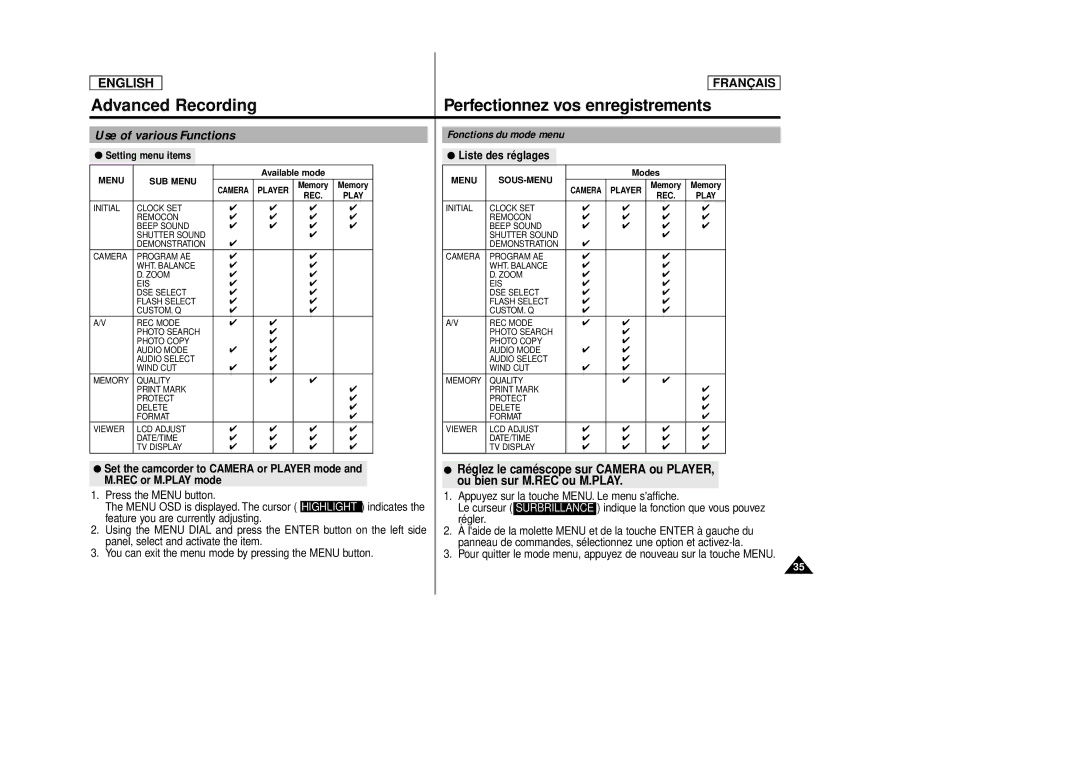 Samsung AD68-00516C Advanced Recording Perfectionnez vos enregistrements, Use of various Functions, Fonctions du mode menu 