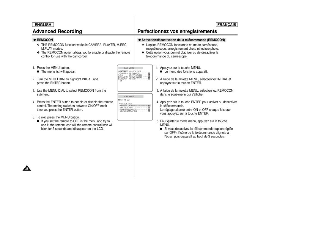 Samsung SCD 86, AD68-00516C manual Activation/désactivation de la télécommande Remocon 