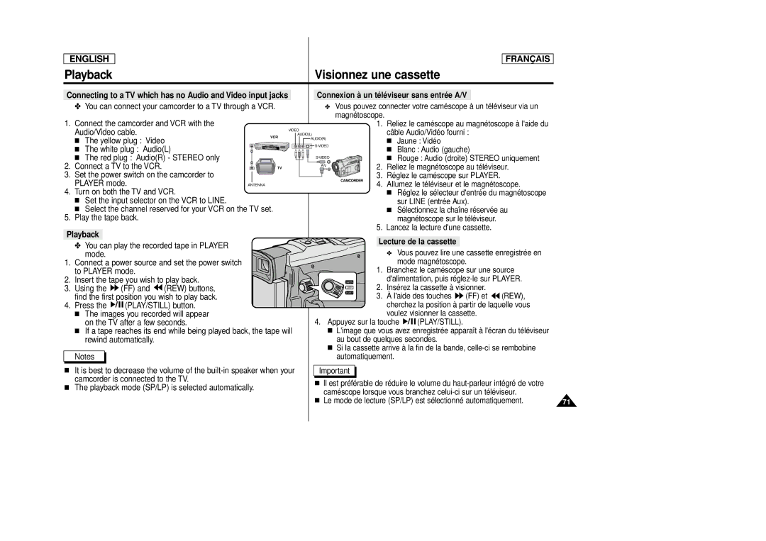 Samsung AD68-00516C, SCD 86 Connecting to a TV which has no Audio and Video input jacks, Playback, Lecture de la cassette 