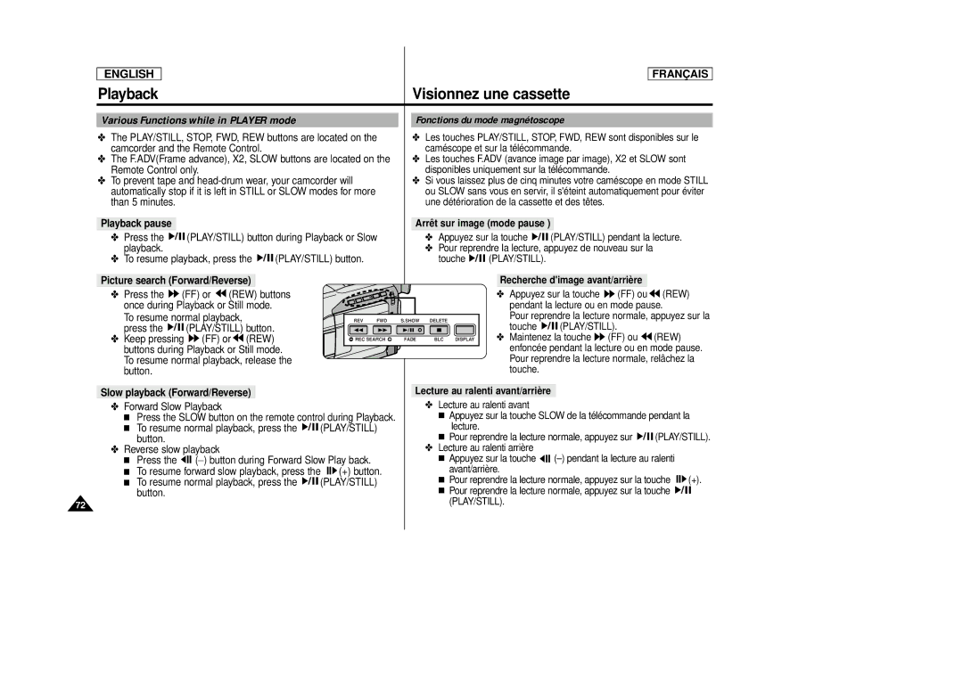 Samsung SCD 86, AD68-00516C manual Various Functions while in Player mode, Fonctions du mode magnétoscope 