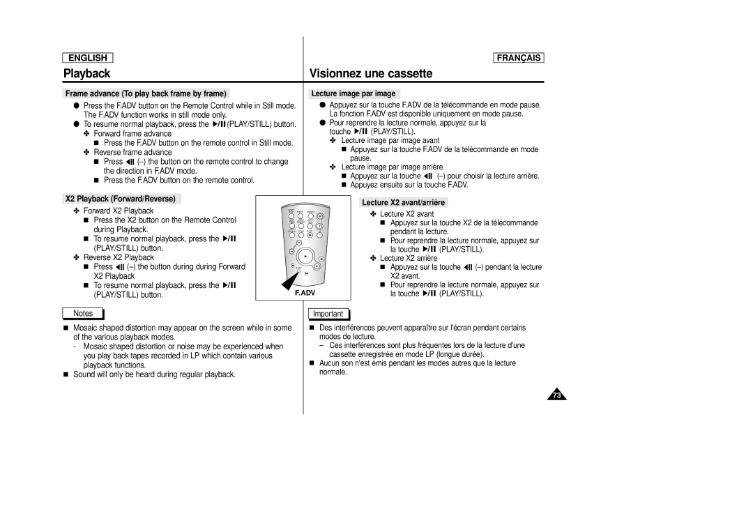 Samsung AD68-00516C Frame advance To play back frame by frame, Lecture image par image, X2 Playback Forward/Reverse, Adv 