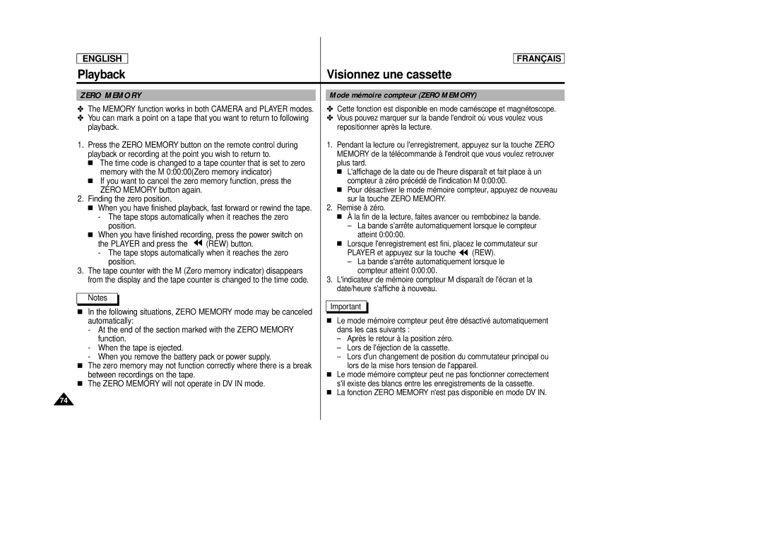 Samsung SCD 86, AD68-00516C manual Playback, Mode mémoire compteur Zero Memory 