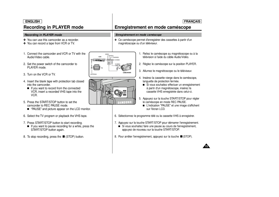 Samsung AD68-00516C, SCD 86 manual Recording in Player mode, Enregistrement en mode caméscope 