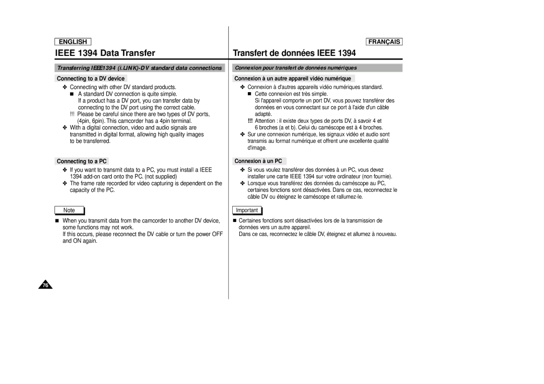 Samsung SCD 86, AD68-00516C manual Ieee 1394 Data Transfer, Connexion pour transfert de données numériques 