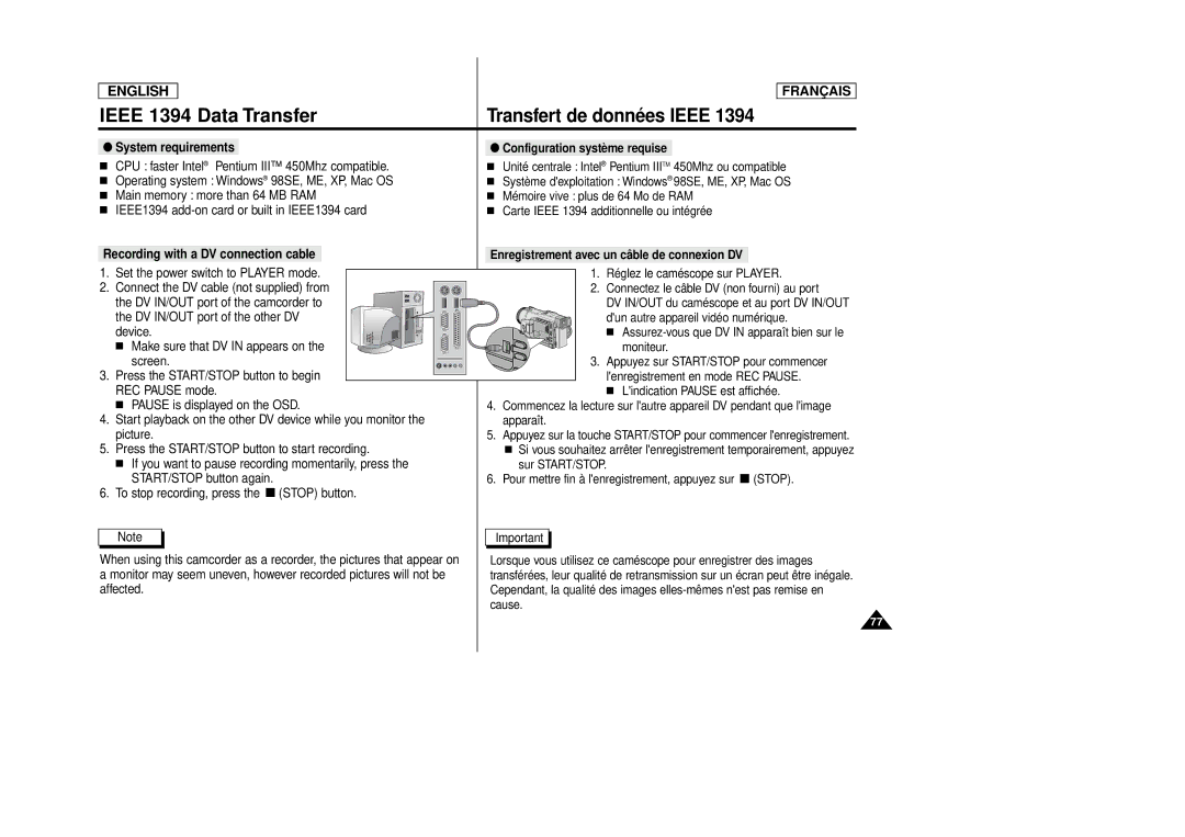 Samsung AD68-00516C, SCD 86 manual Transfert de données Ieee, Recording with a DV connection cable 