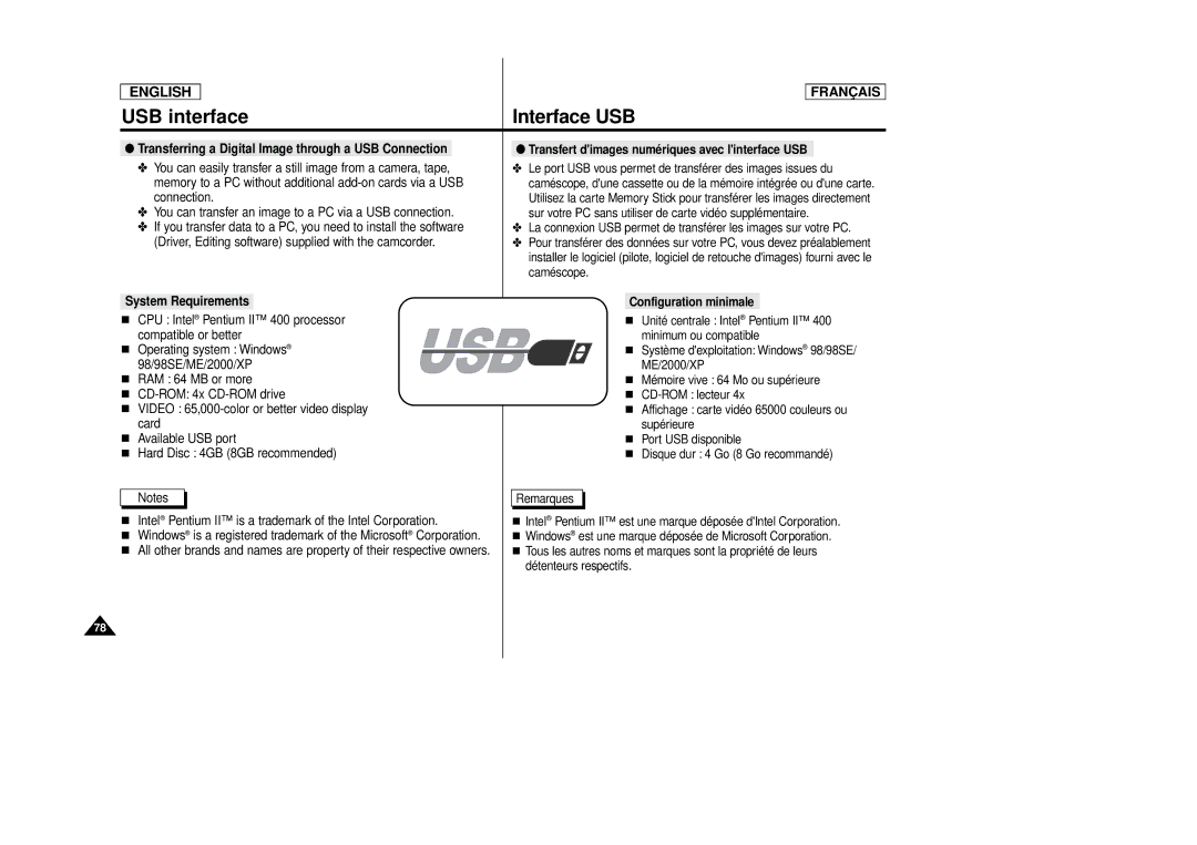 Samsung SCD 86, AD68-00516C manual USB interface, Interface USB 