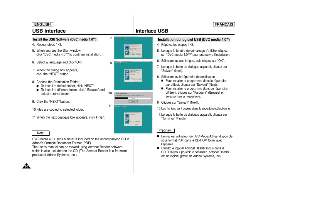 Samsung SCD 86, AD68-00516C manual Installation du logiciel USB DVC media 4.0TM, Install the USB Software DVC media 4.0 TM 