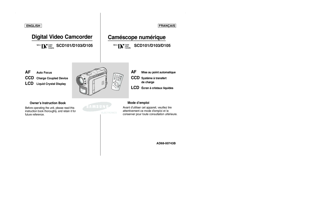 Samsung SCD101 manual Digital Video Camcorder Caméscope numérique 