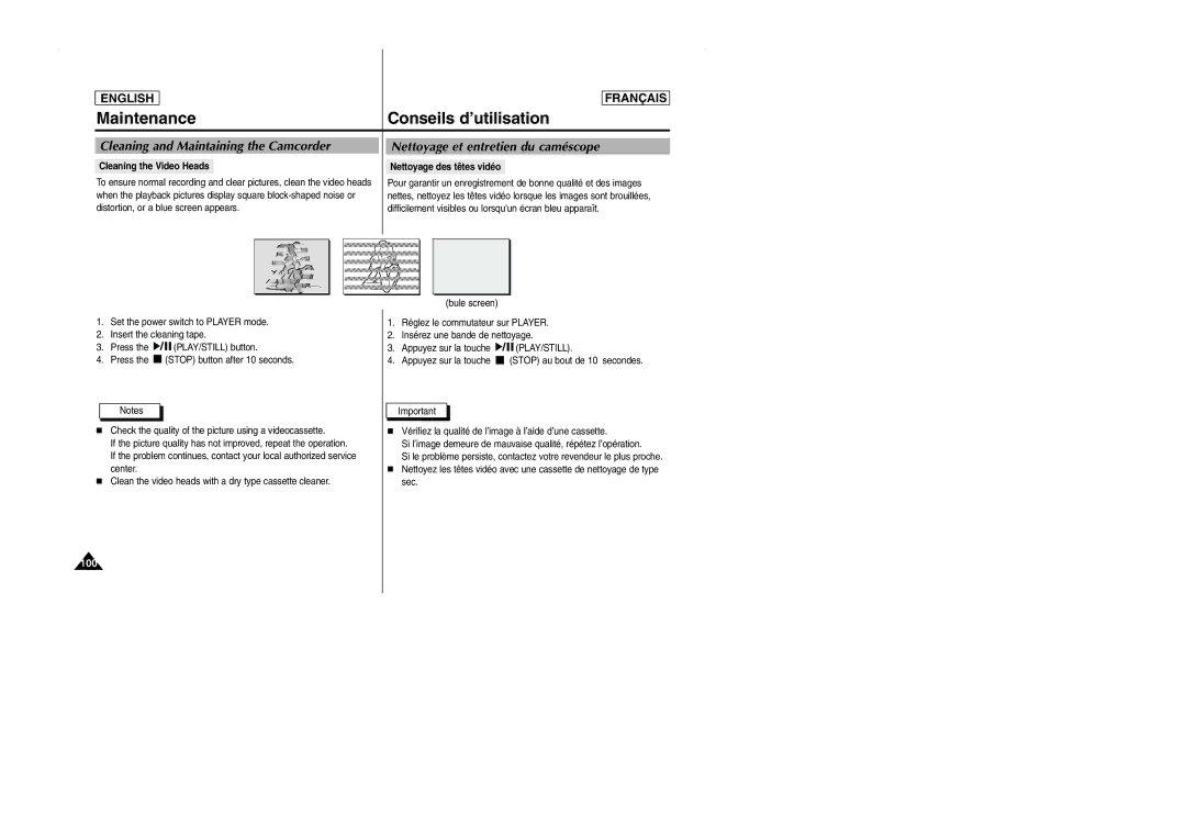 Samsung SCD101 manual Maintenance Conseils d’utilisation, Cleaning the Video Heads Nettoyage des têtes vidéo 