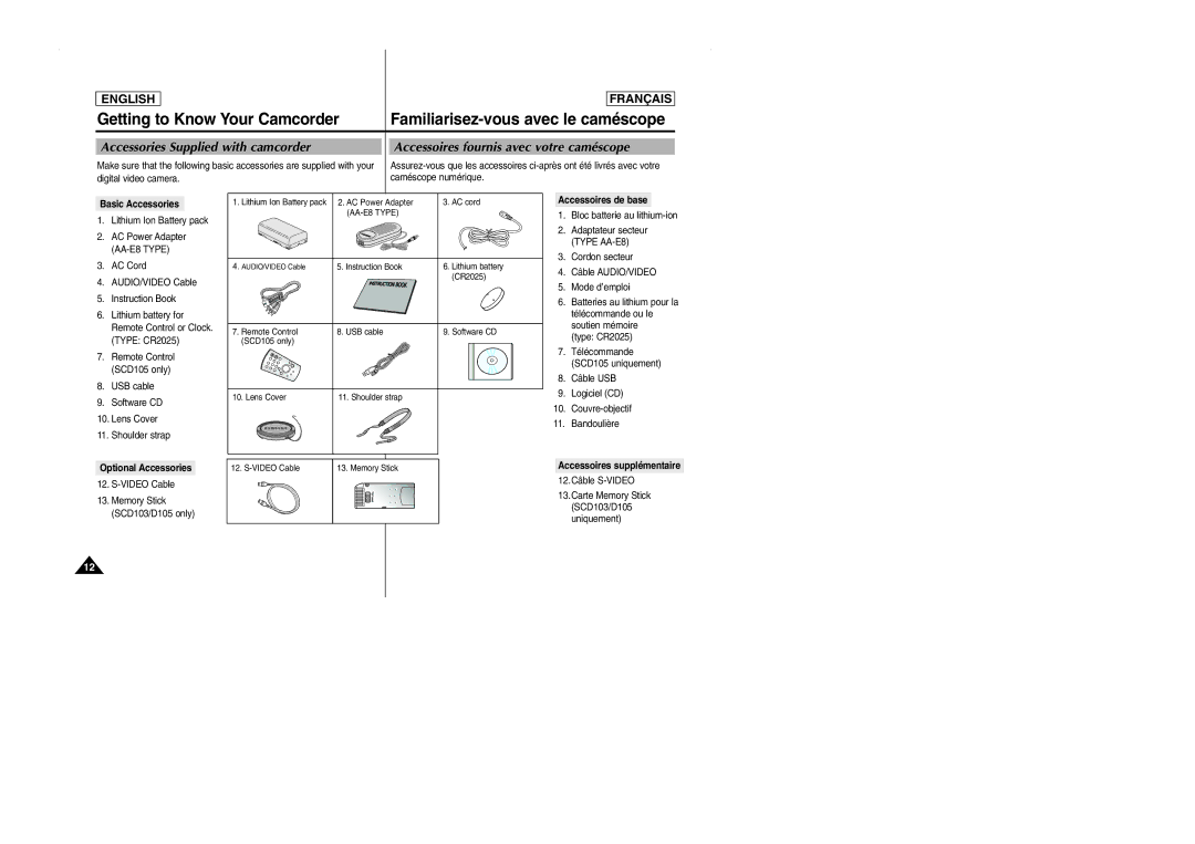 Samsung SCD101 manual Accessories Supplied with camcorder, Accessoires fournis avec votre caméscope 