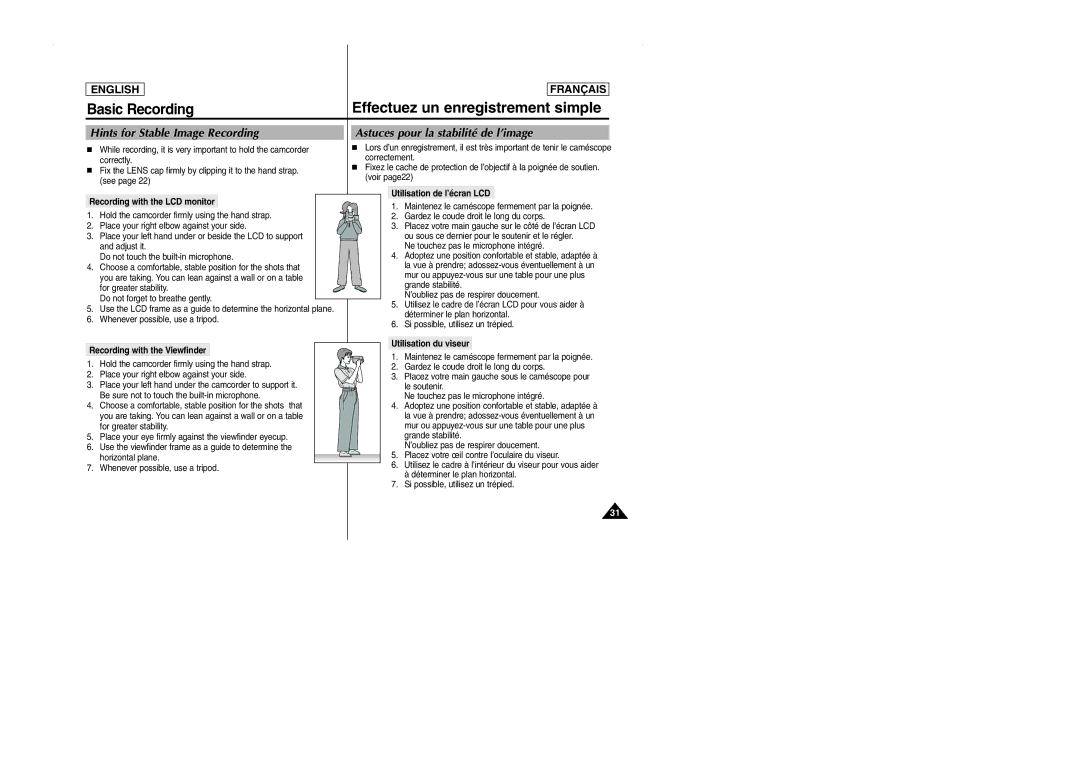 Samsung SCD101 manual Recording with the LCD monitor, Recording with the Viewfinder, Utilisation de l’écran LCD 