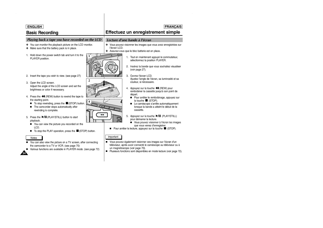 Samsung SCD101 Lecture d’une bande à l’écran, Playing back a tape you have recorded on the LCD, Stop, Play/Still, Lcd 