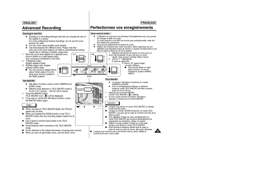 Samsung SCD101 manual Zooming In and Out, Zoom avant et arrière, Tele Macro 