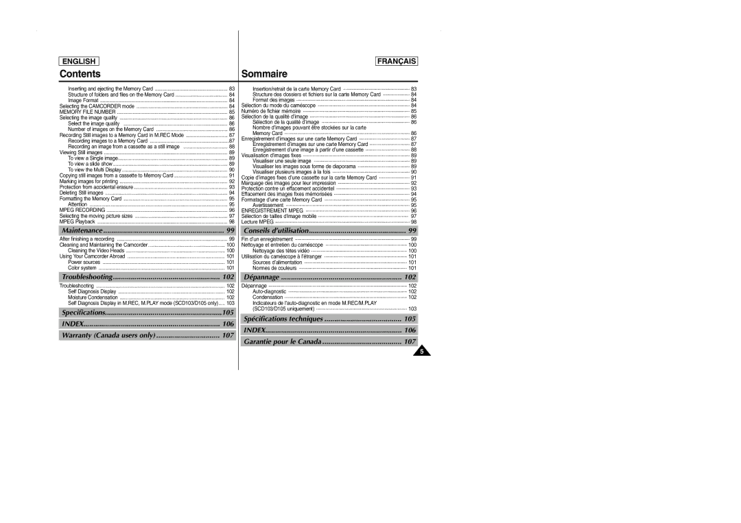 Samsung SCD101 manual Dépannage, Troubleshooting, Specifications, Warranty Canada users only 