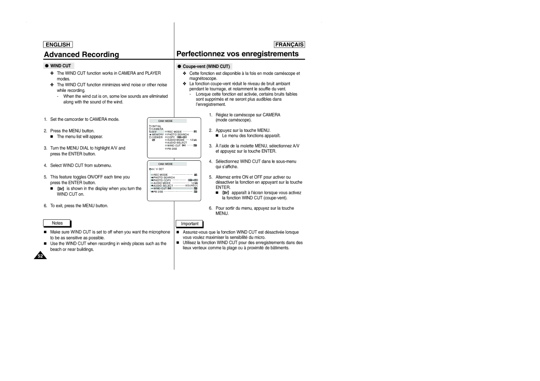 Samsung SCD101 manual Coupe-vent Wind CUT 