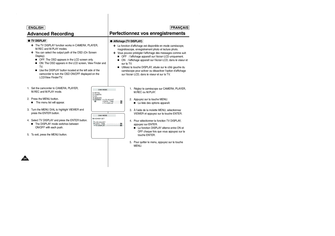 Samsung SCD101 manual Affichage TV Display 