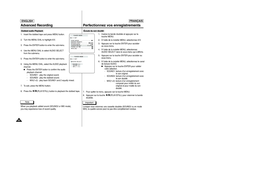 Samsung SCD101 manual Dubbed audio Playback Écoute du son doublé 