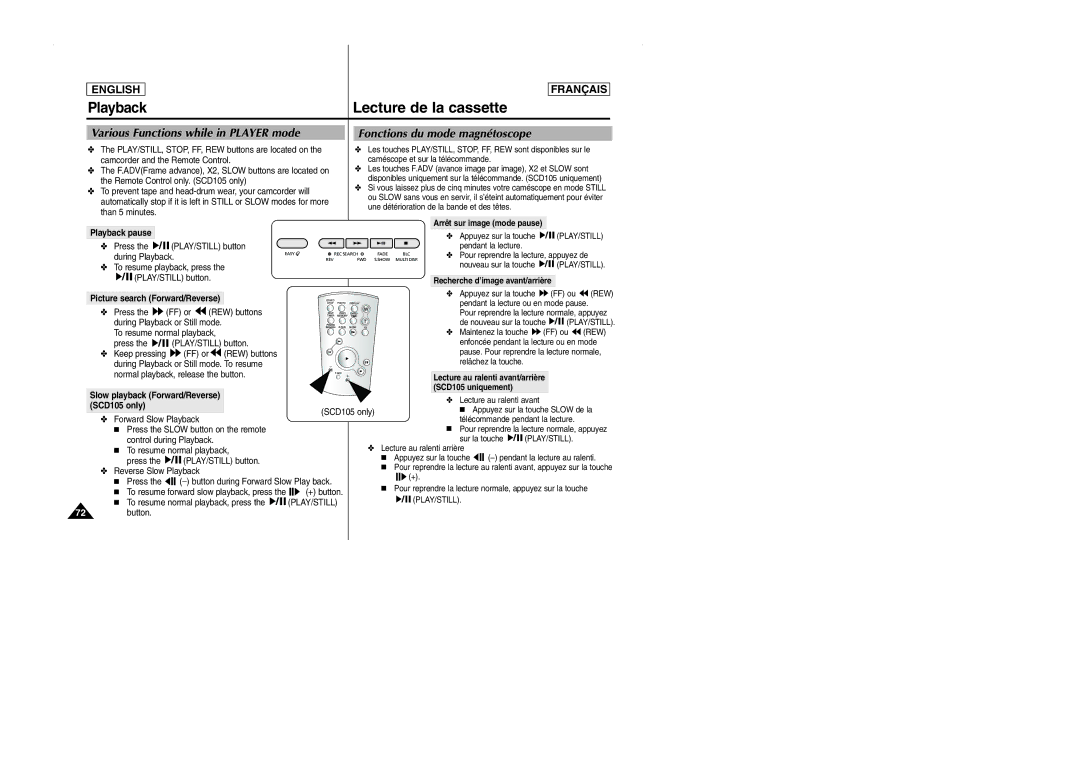 Samsung SCD101 manual Various Functions while in Player mode, Fonctions du mode magnétoscope 