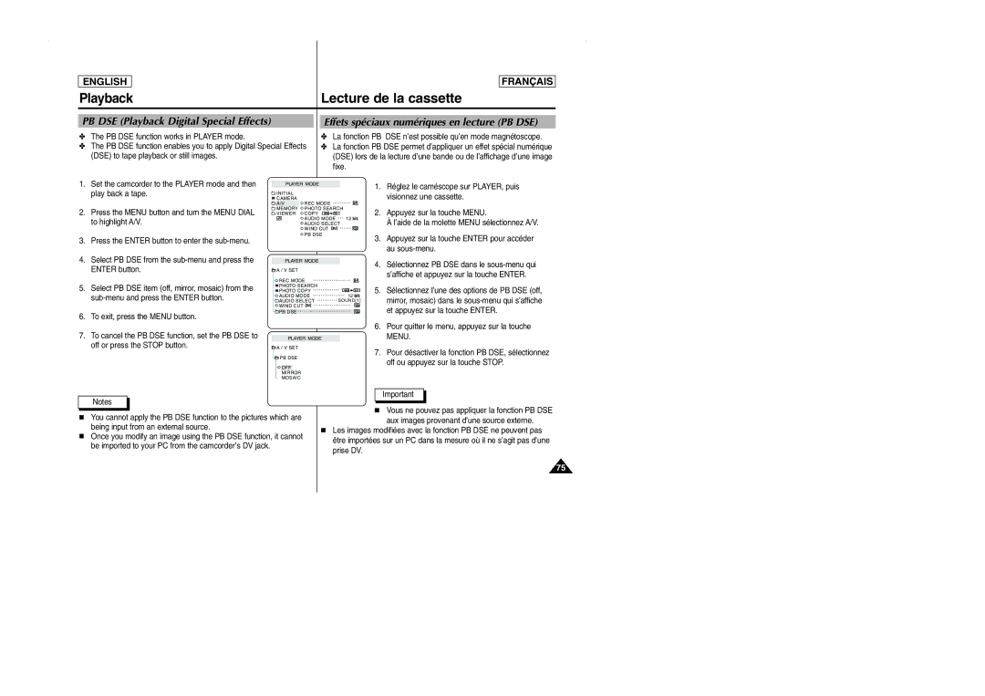 Samsung SCD101 manual PB DSE Playback Digital Special Effects, Effets spéciaux numériques en lecture PB DSE 