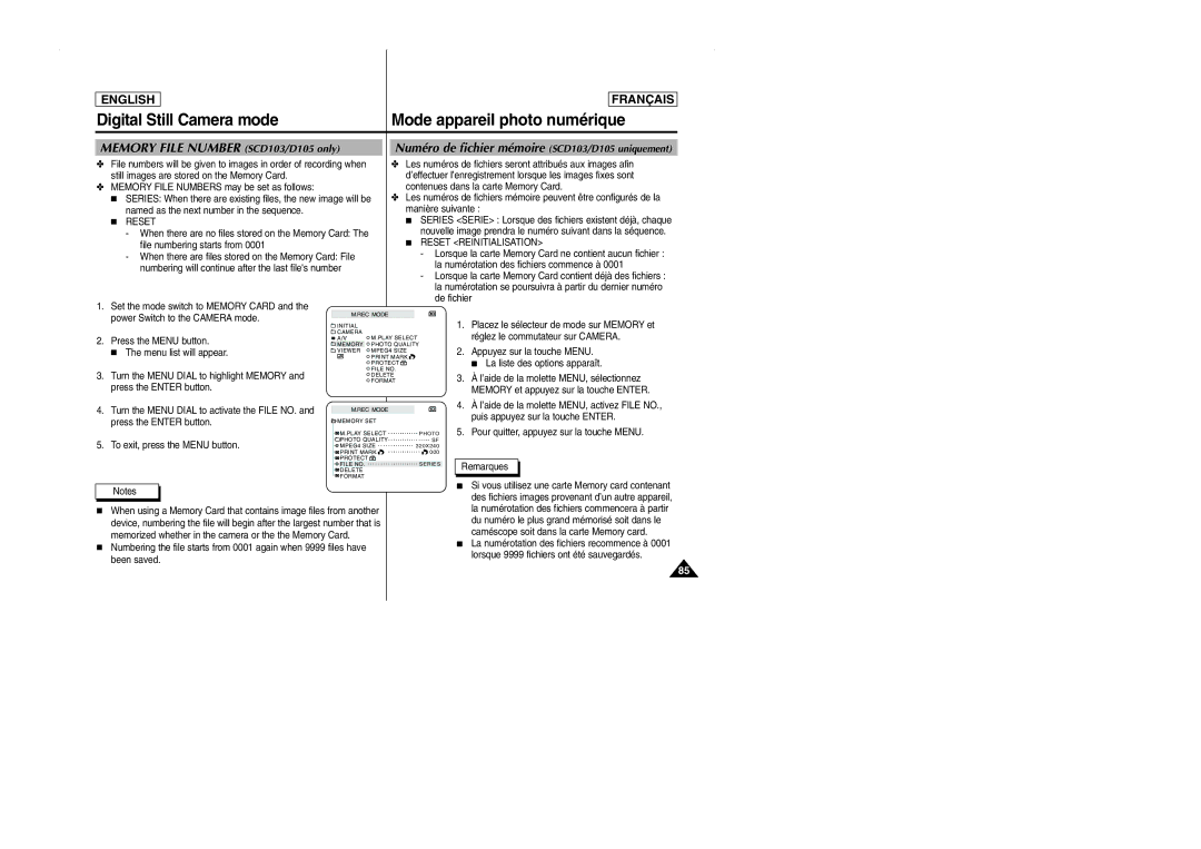 Samsung SCD101 manual Memory File Number SCD103/D105 only, Numéro de fichier mémoire SCD103/D105 uniquement, Reset 