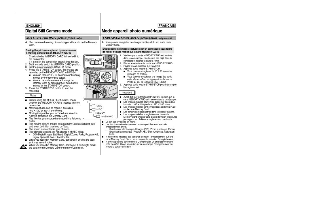 Samsung SCD101 manual Mpeg Recording SCD103/D105 only, Enregistrement Mpeg SCD103/D105 uniquement 