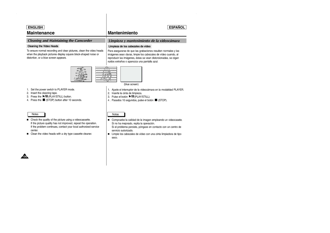 Samsung SCD103 manual Mantenimiento, Cleaning the Video Heads Limpieza de los cabezales de vídeo 