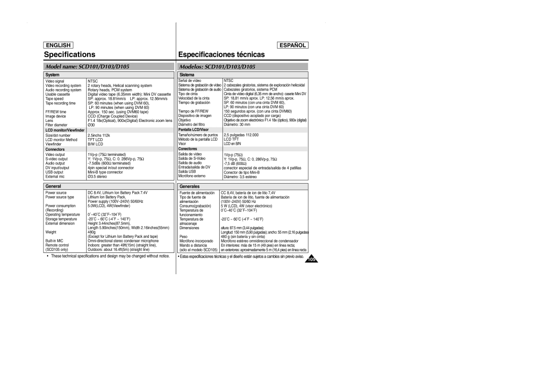 Samsung SCD103 manual Especificaciones técnicas, System, Sistema, Generales 