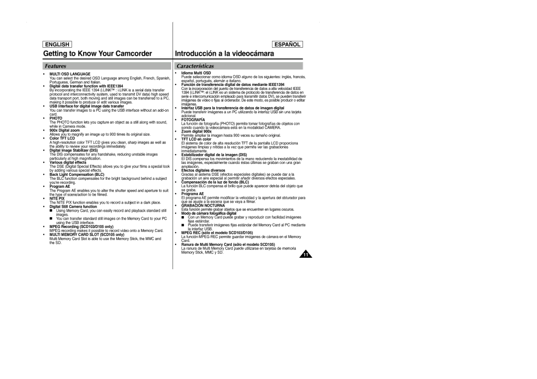 Samsung SCD103 manual Getting to Know Your Camcorder, Introducción a la videocámara, Features, Características 