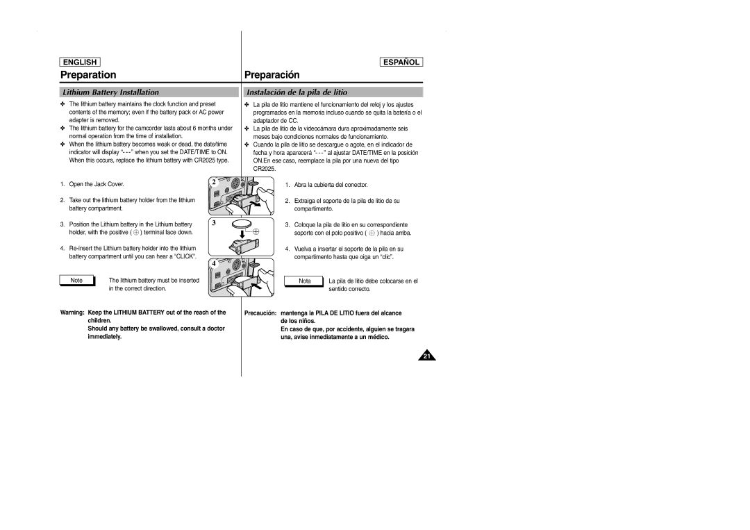 Samsung SCD103 manual Lithium Battery Installation, Instalación de la pila de litio 