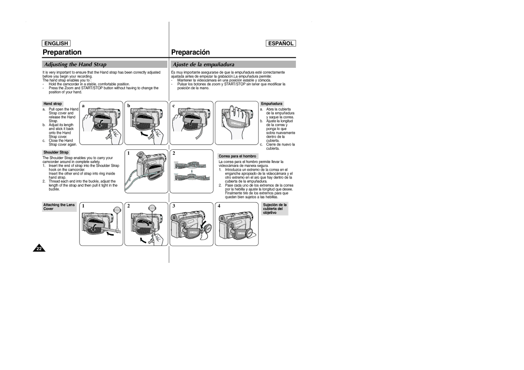 Samsung SCD103 manual Adjusting the Hand Strap, Ajuste de la empuñadura 