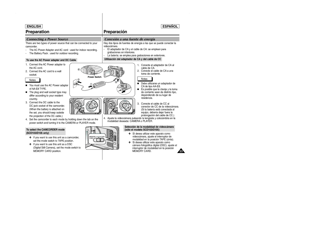 Samsung SCD103 manual Connecting a Power Source, Conexión a una fuente de energía, To use the AC Power adapter and DC Cable 