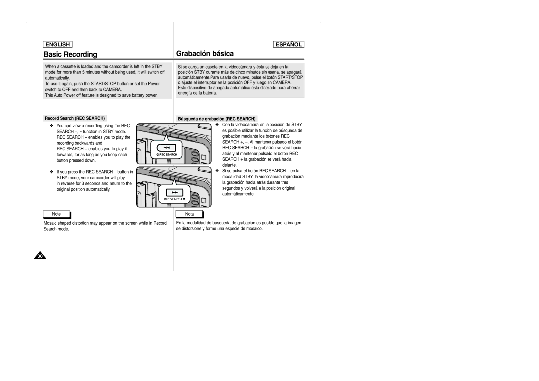 Samsung SCD103 manual Record Search REC Search, Búsqueda de grabación REC Search 