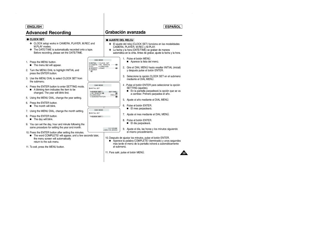 Samsung SCD103 manual Clock SET Ajuste DEL Reloj 