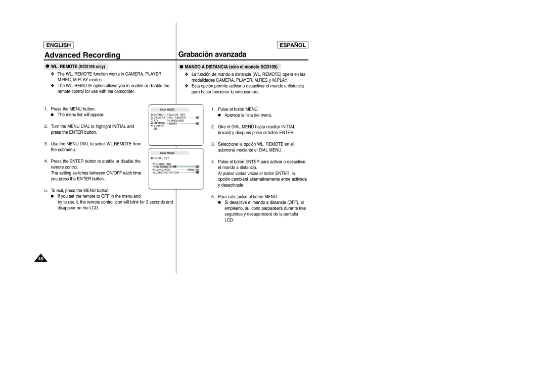 Samsung SCD103 manual Mando a Distancia sólo el modelo SCD105, Pulse el botón Menú Aparece la lista del menú 