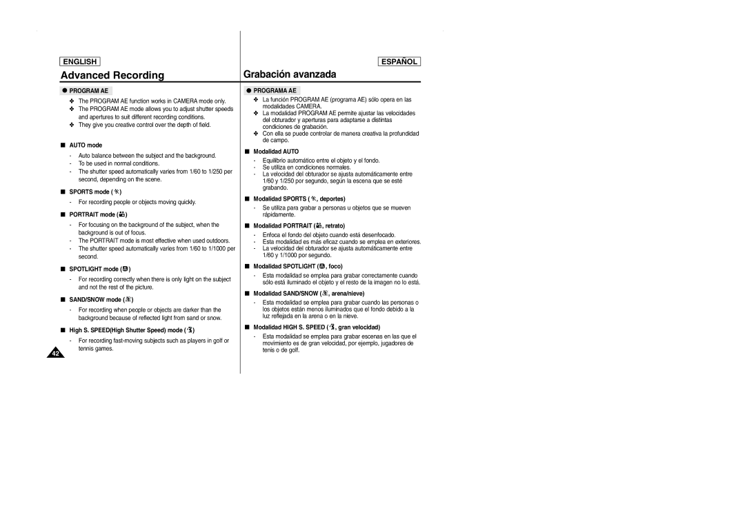 Samsung SCD103 manual Program AE, Programa AE 