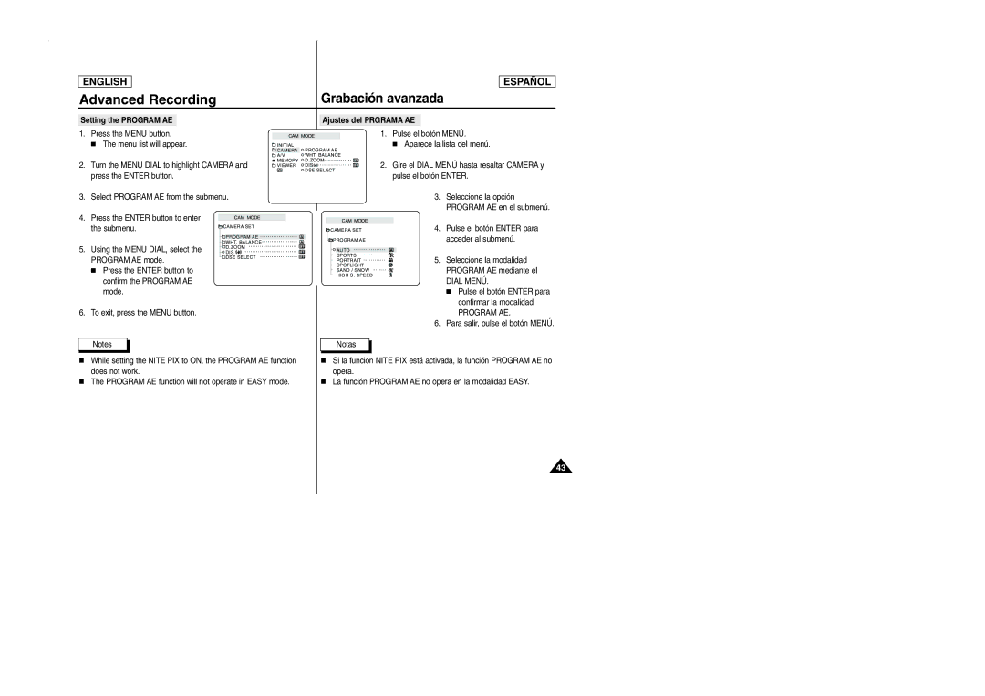 Samsung SCD103 manual Advanced Recording, Ajustes del Prgrama AE, Dial Menú, Program AE 