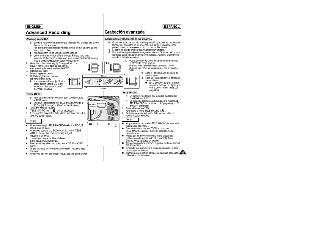 Samsung SCD103 manual Zooming In and Out, Tele Macro, Acercamiento y alejamiento de las imágenes, Osd 