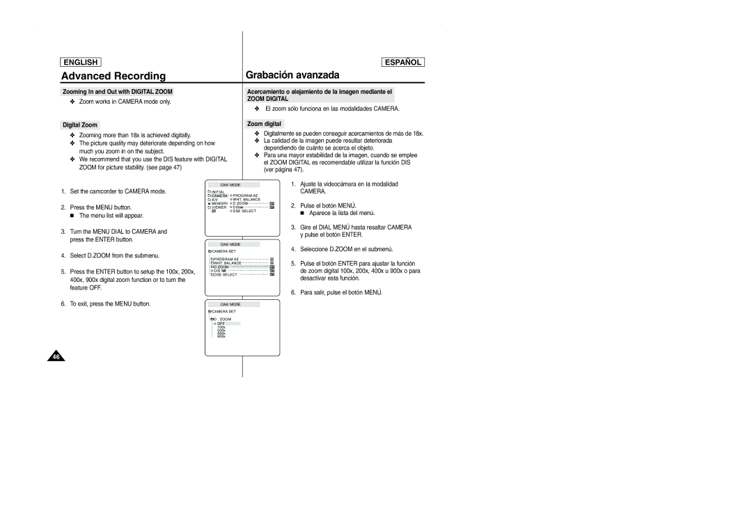 Samsung SCD103 manual Zoom works in Camera mode only, Zoom Digital, El zoom sólo funciona en las modalidades Camera 