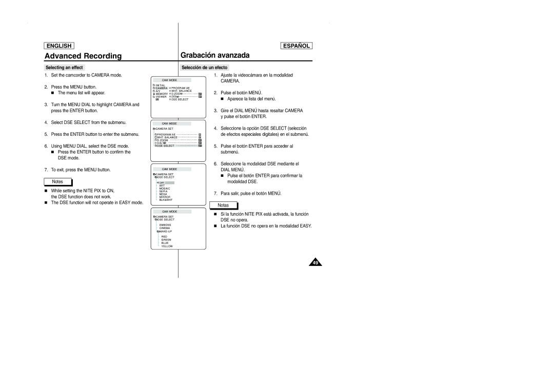 Samsung SCD103 manual Selecting an effect Selección de un efecto, DSE function does not work 