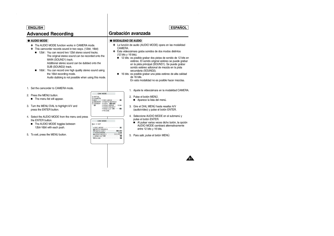 Samsung SCD103 Audio Mode function works in Camera mode, This camcorder records sound in two ways bit, 16bit, De 16 bits 