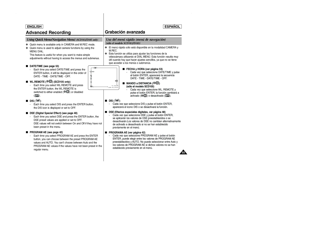 Samsung manual Using Quick MenuNavigation Menu SCD103/D105 only, Sólo el modelo SCD103/D105, Wl.Remote 