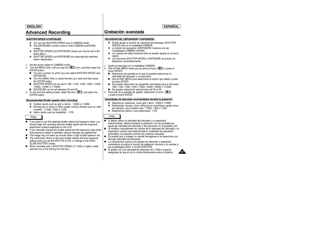 Samsung SCD103 manual Exposure, Recommended Shutter speeds when recording 