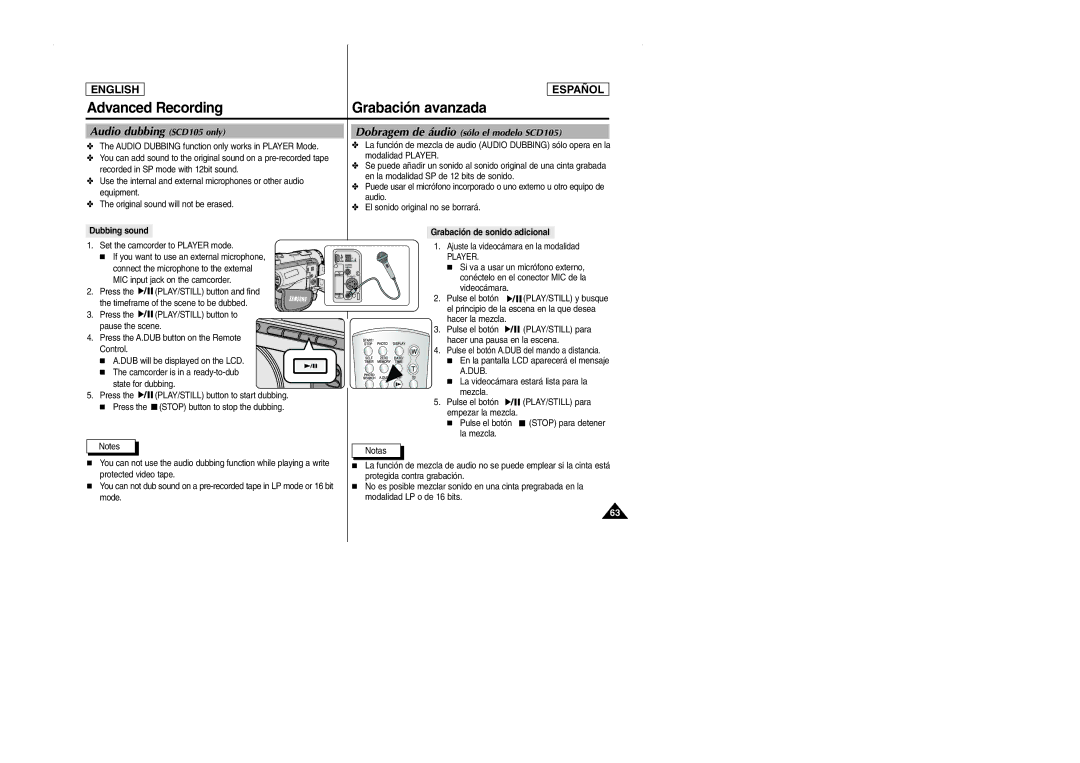 Samsung SCD103 manual Advanced Recording Grabación avanzada, Audio dubbing SCD105 only, Dubbing sound 