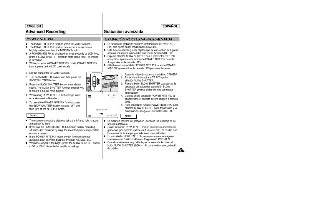 Samsung SCD103 manual Turn on the Nite PIX switch, and then press, Encienda el interruptor Nite PIX y pulse, De calidad 