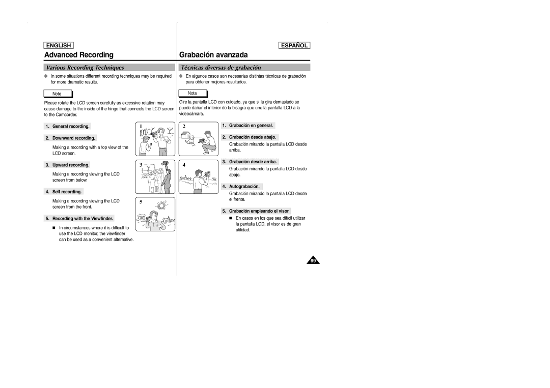 Samsung SCD103 manual Various Recording Techniques, Técnicas diversas de grabación 