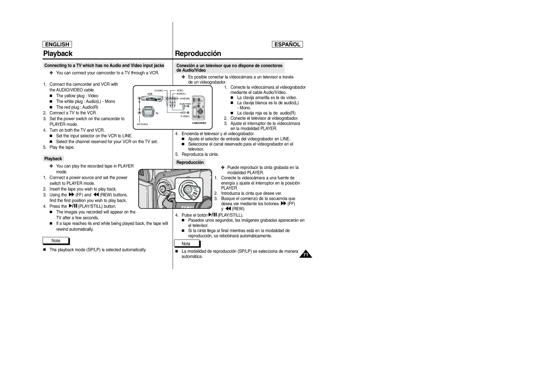 Samsung SCD103 manual Playback Reproducción, Conexión a un televisor que no dispone de conectores, De Audio/Vídeo 