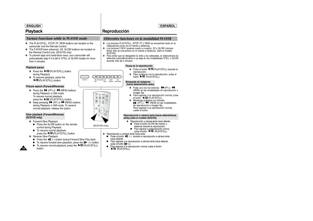 Samsung SCD103 manual Various Functions while in Player mode, Diferentes funciones en la modalidad Player 