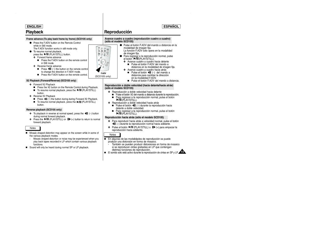 Samsung SCD103 manual Sólo el modelo SCD105, Reproducción hacia atrás sólo el modelo SCD105 